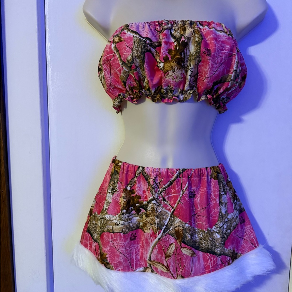 Pink Camouflage Trail Camo Faux Fur Trim Micro Mini Skirt Crop Top